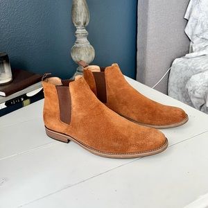 Gently worn tan suede Chelsea boot